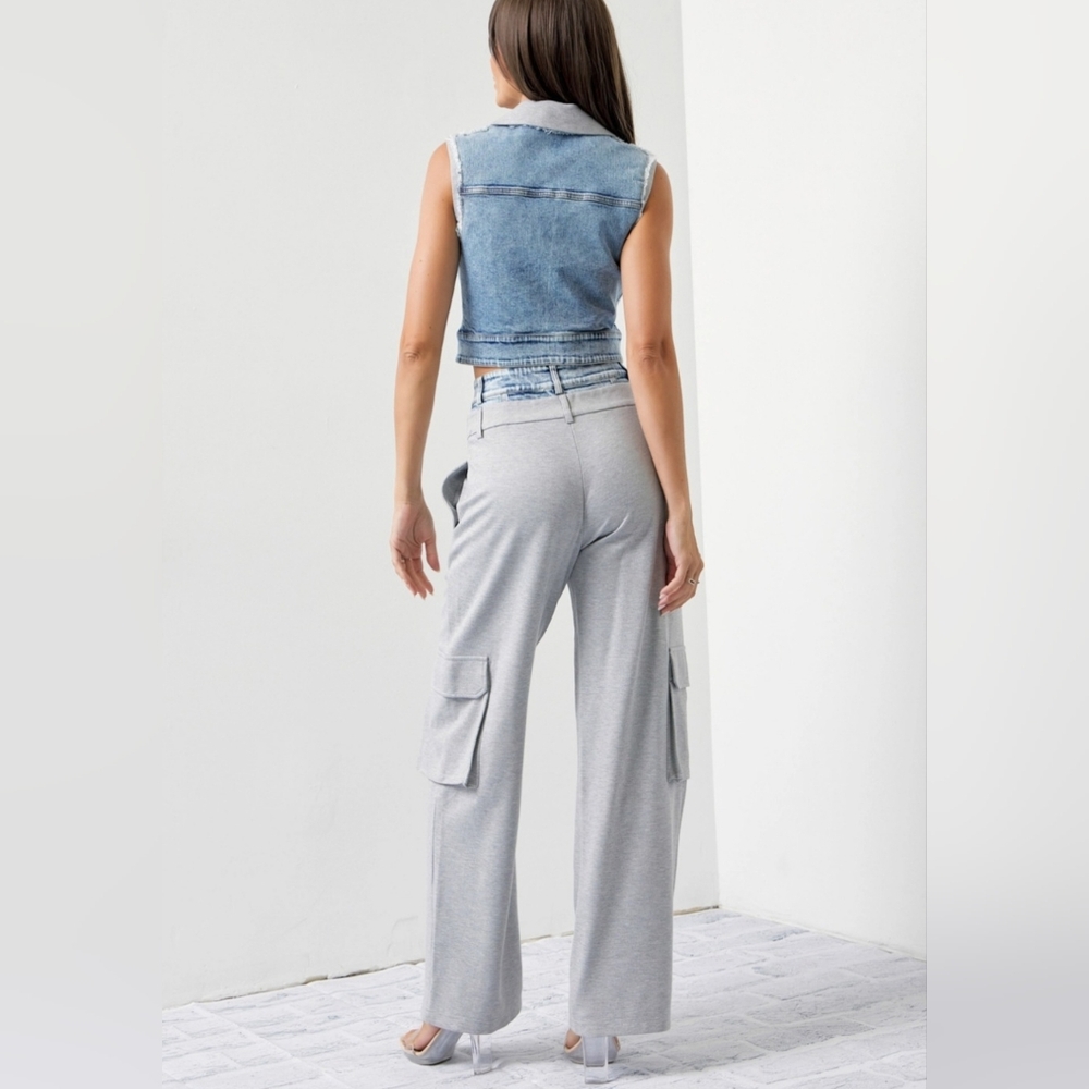 #512 521 🛑S,L HIGH END Mixed Fabric Denim Vest and Cargo Pants Set - Picture 5 of 16